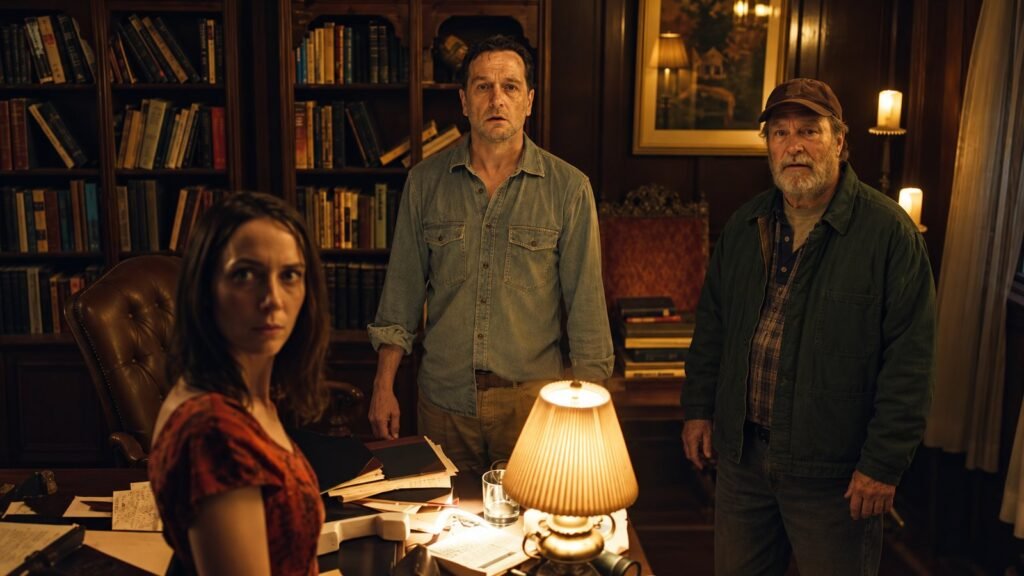Tom Loftis e outros moradores de O Segredo de Widow’s Bay observam algo fora de cena em uma sala iluminada por abajures.