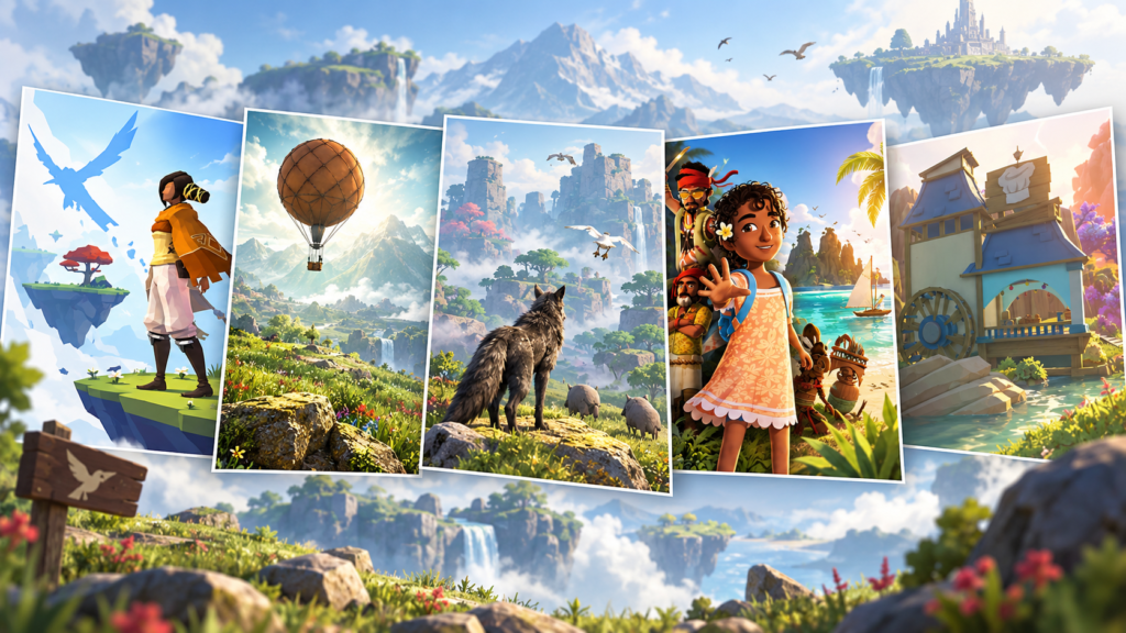 Arte destacada com imagens de AER: Memories of Old, Eastshade, Lost Ember, Tchia e Yonder: The Cloud Catcher Chronicles em uma paisagem de fantasia voltada à exploração.