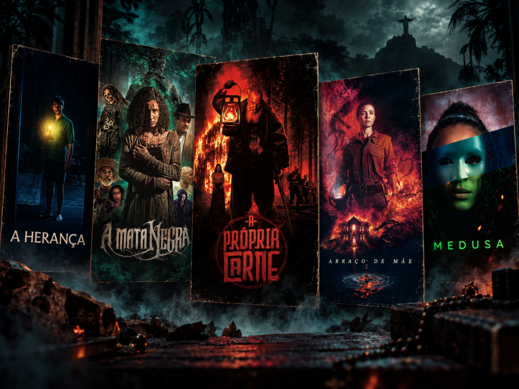 Capas de A Herança, A Mata Negra, A Própria Carne, Abraço de Mãe e Medusa reunidas em uma arte sombria sobre o terror brasileiro contemporâneo.