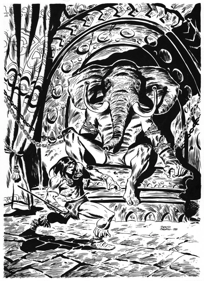 Ilustração em preto e branco de Yag-kosha, ser humanoide com cabeça de elefante, acorrentado em uma câmara enquanto Conan se aproxima com uma espada.