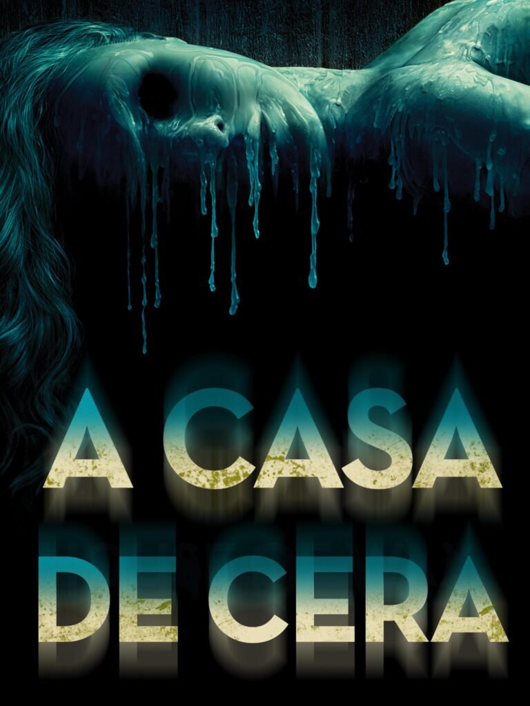 Cartaz de A Casa de Cera com um rosto coberto por cera azulada.