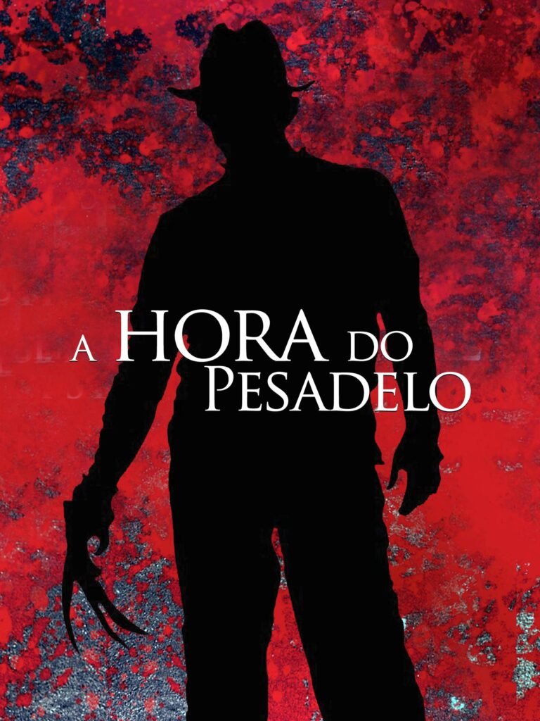 Cartaz vermelho de A Hora do Pesadelo com a silhueta de Freddy Krueger.