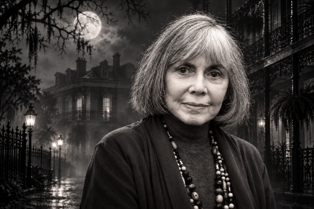 Retrato em preto e branco de Anne Rice diante de uma mansão em Nova Orleans sob a lua cheia.