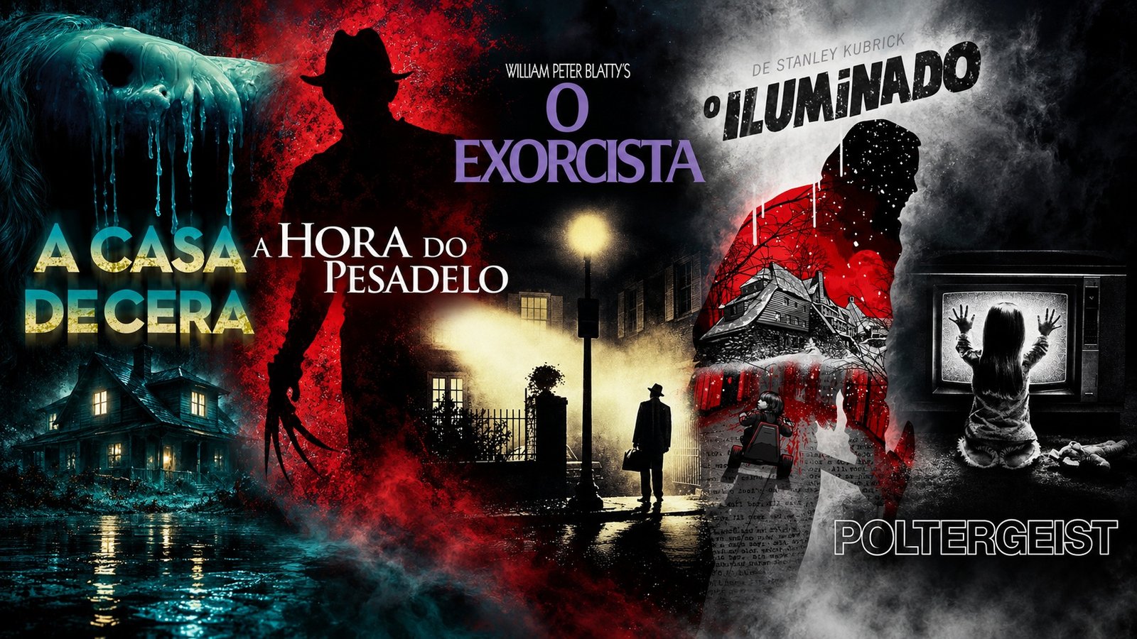 Montagem de cartazes de A Casa de Cera, A Hora do Pesadelo, O Exorcista, O Iluminado e Poltergeist.