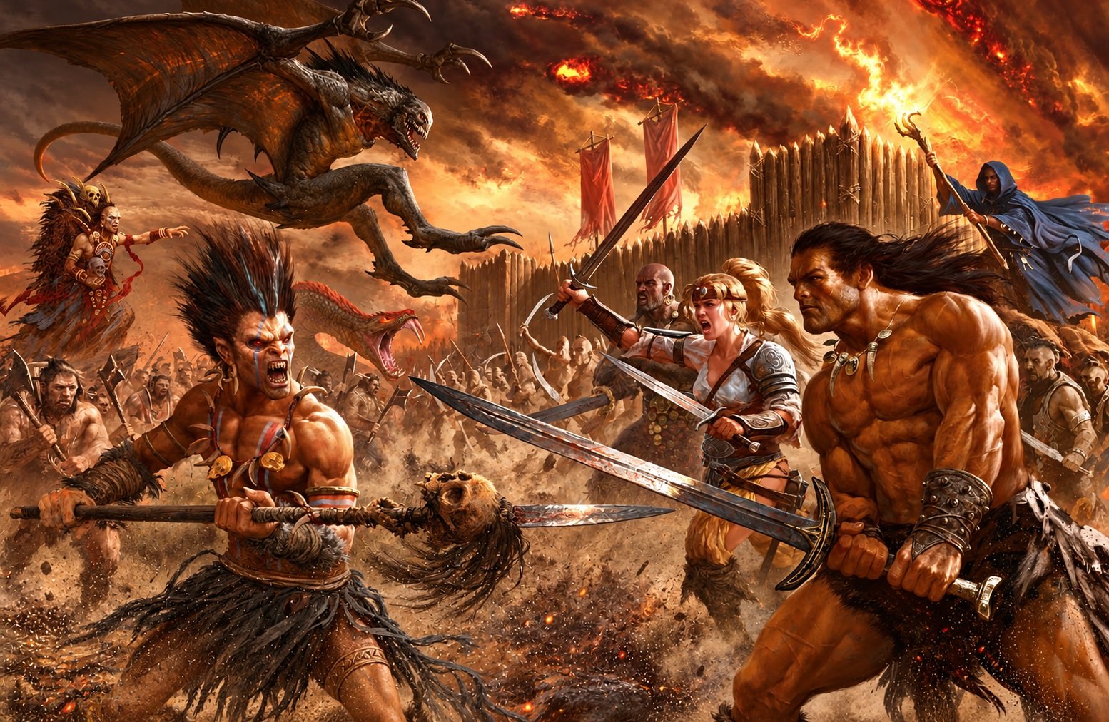 Conan empunha uma espada durante uma grande batalha, cercado por guerreiros, criaturas monstruosas e magia sob um céu tomado pelo fogo.