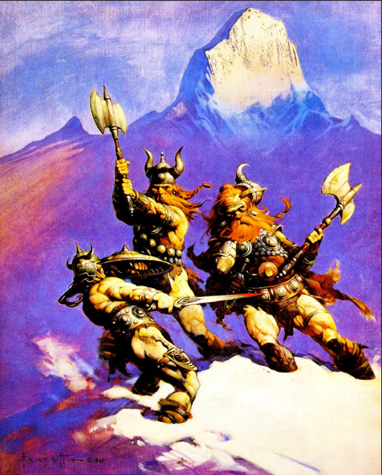Conan luta com espada contra dois guerreiros armados com machados sobre uma montanha coberta de neve, diante de um grande pico ao fundo.