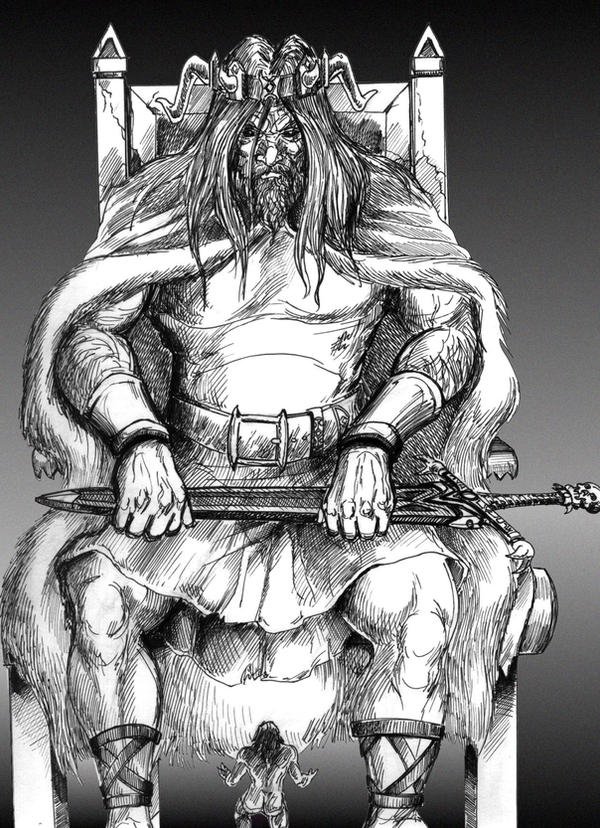 Ilustração em preto e branco de Crom sentado em um trono, com cabelos longos, chifres e uma grande espada apoiada sobre as pernas.