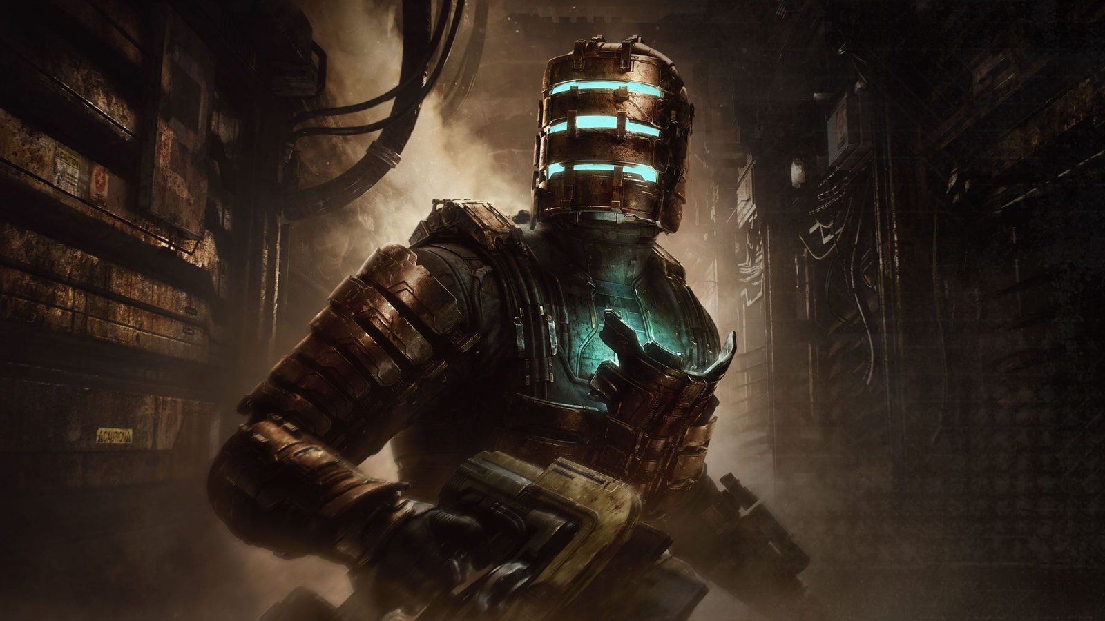 Isaac Clarke com capacete e armadura em um corredor escuro de Dead Space.