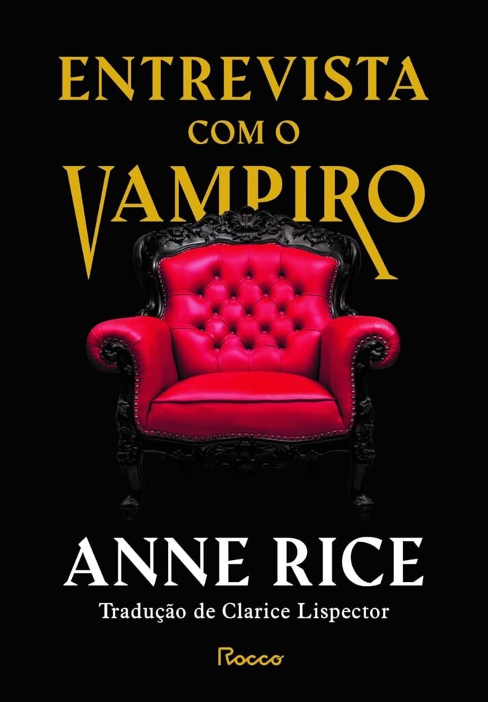 Capa do livro Entrevista com o Vampiro, de Anne Rice, com uma poltrona vermelha sobre fundo preto.