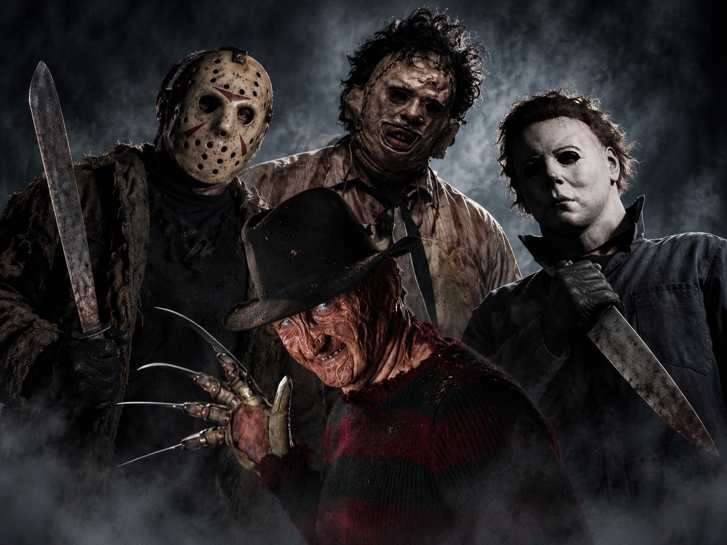 Ilustração de terror com Freddy Krueger, Jason Voorhees, Leatherface e Michael Myers reunidos em meio à névoa, com suas máscaras, armas e características visuais mais conhecidas.