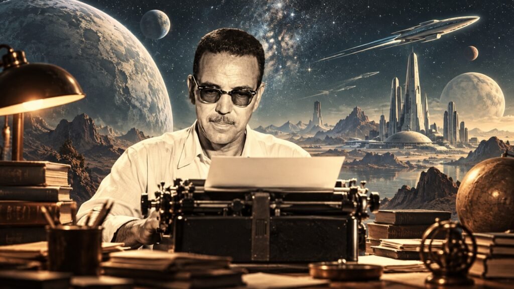 Jerônymo Monteiro diante de uma máquina de escrever, com planetas, naves espaciais e uma cidade futurista ao fundo.