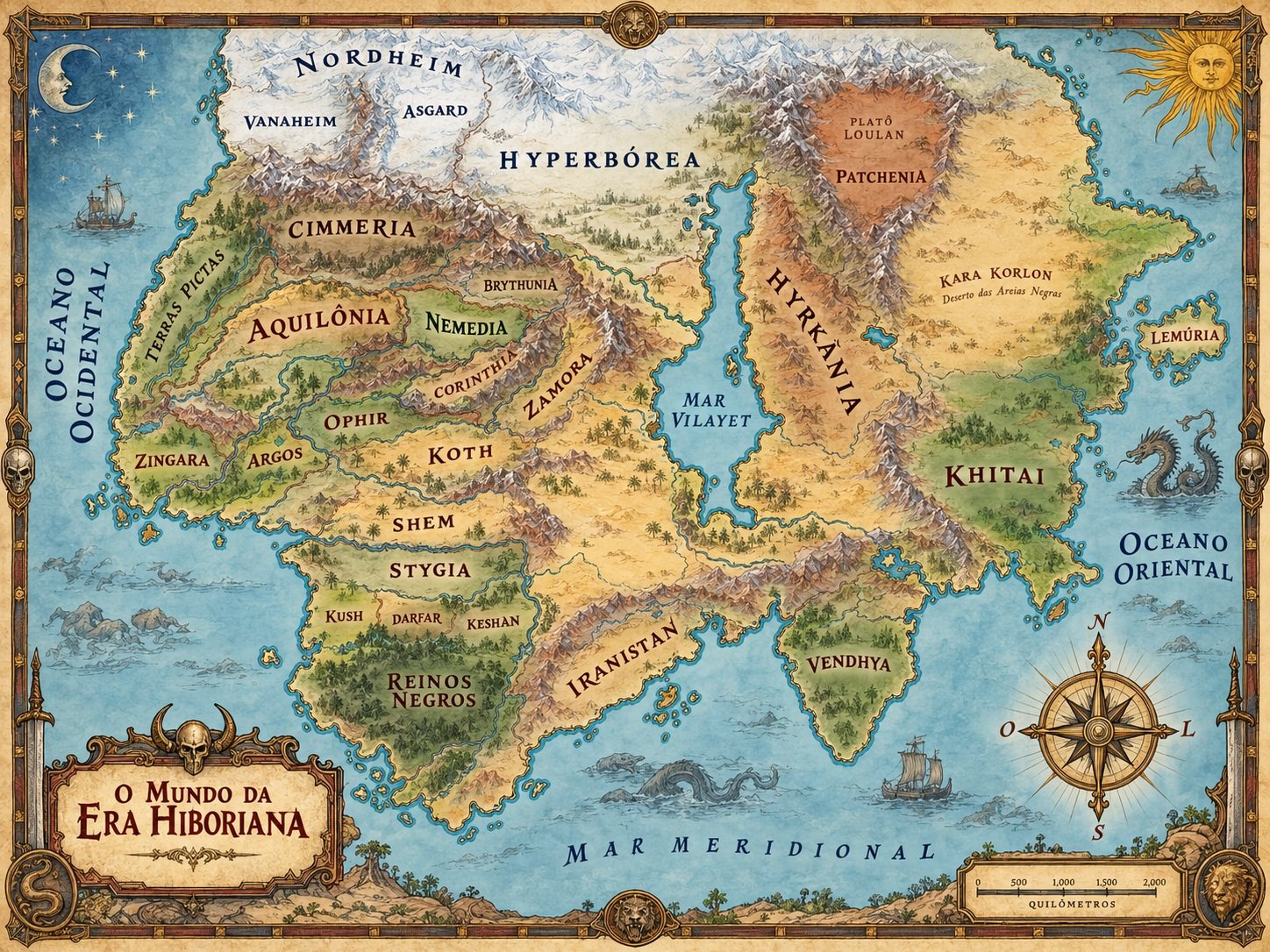 Mapa ilustrado da Era Hiboriana mostrando Ciméria, Aquilônia, Nemédia, Estígia, Turan, Hircânia, Khitai, Vendhya e outros reinos do mundo de Conan.
