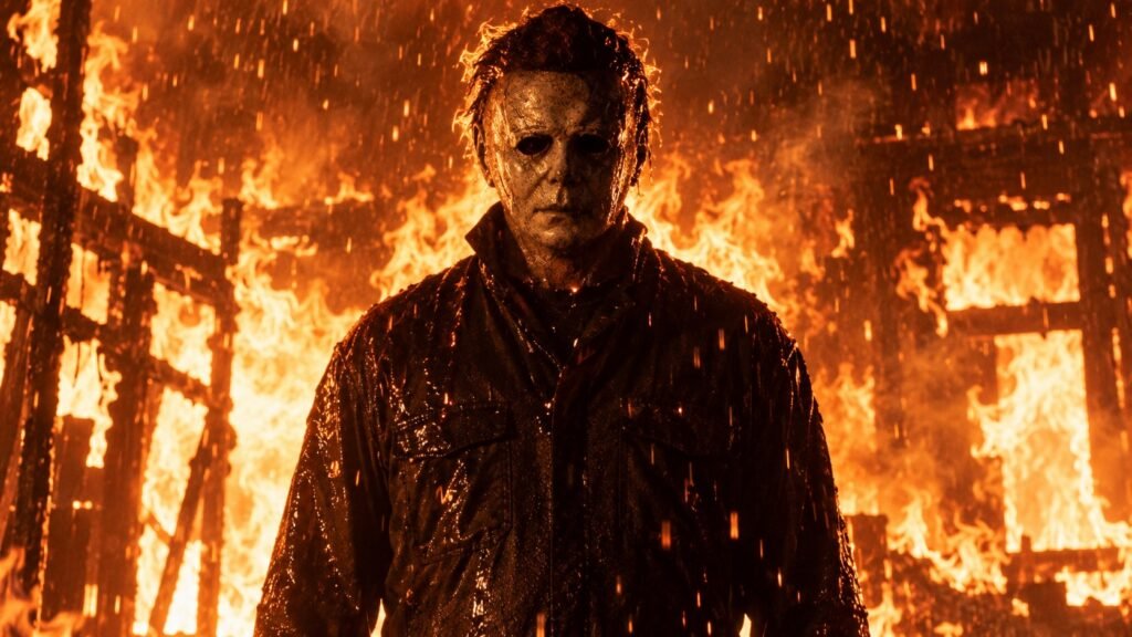 Michael Myers usando sua máscara branca característica, diante de uma construção em chamas e cercado por faíscas.