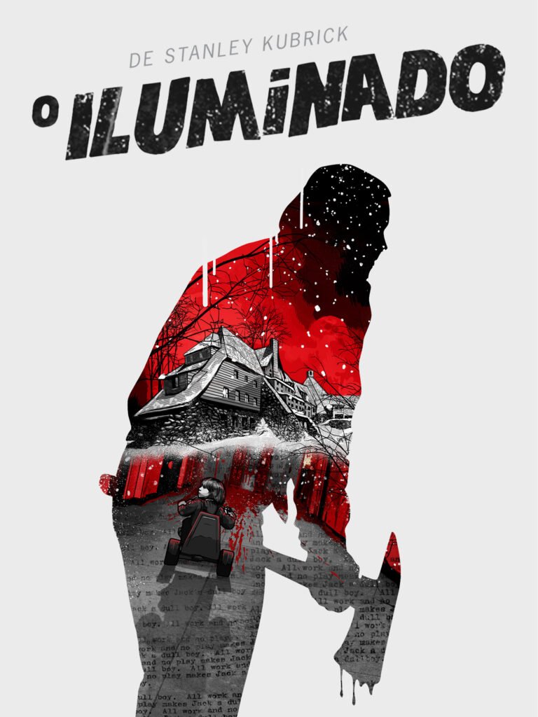 Cartaz de O Iluminado com o rosto de Jack Torrance e uma silhueta vermelha.