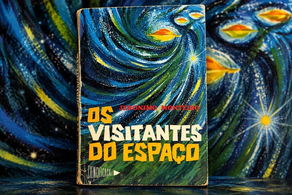 Capa de Os Visitantes do Espaço, de Jerônymo Monteiro, em primeiro plano diante de um fundo cósmico azul e verde com formas semelhantes a naves.