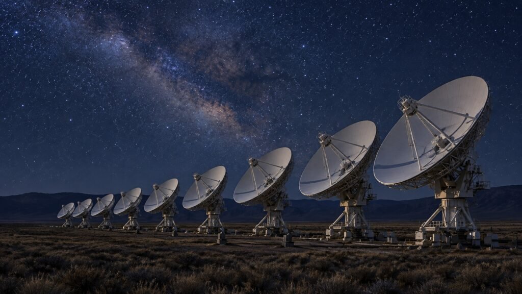 Fileira de grandes radiotelescópios em um campo aberto durante a noite, todos voltados para um céu estrelado com a Via Láctea visível.