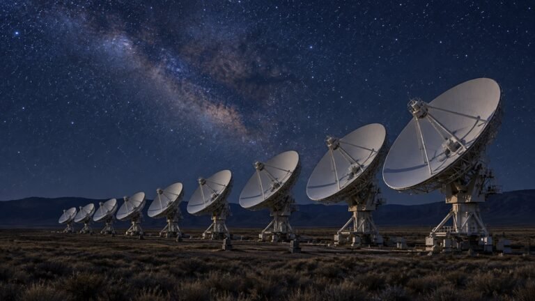 Fileira de grandes radiotelescópios em um campo aberto durante a noite, todos voltados para um céu estrelado com a Via Láctea visível.