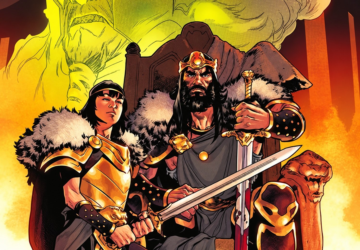 Dois guerreiros armados diante de um trono, com figuras monumentais e atmosfera de fogo ao fundo, em uma cena inspirada no universo de Conan.