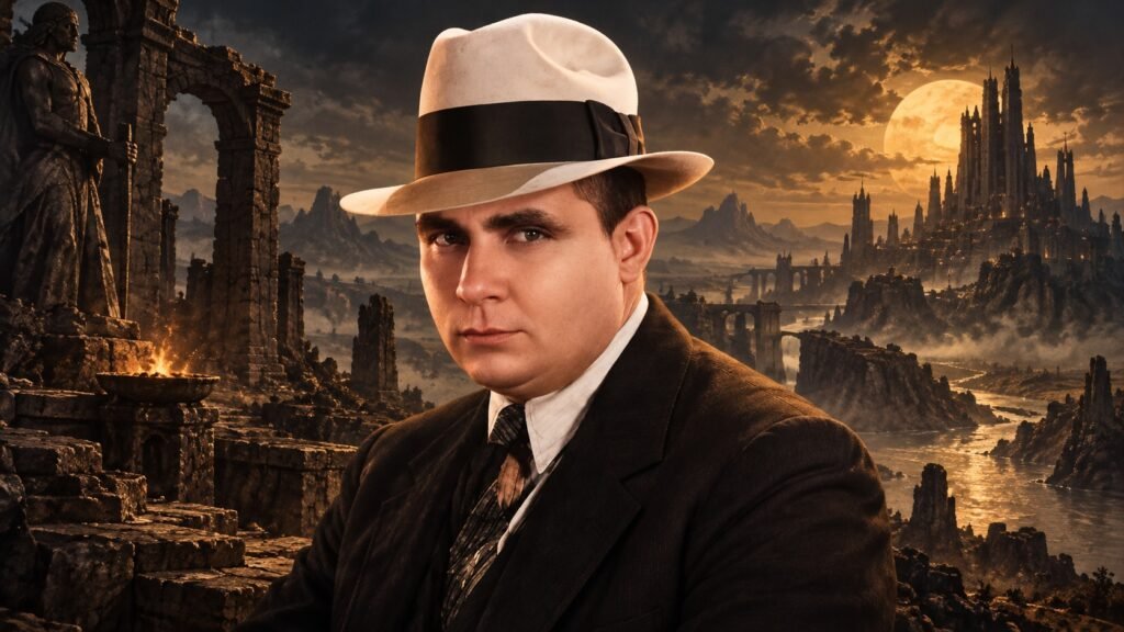 Retrato de Robert E. Howard em primeiro plano, com ruínas, uma fortaleza monumental e uma paisagem fantástica inspirada na Era Hiboriana ao fundo.