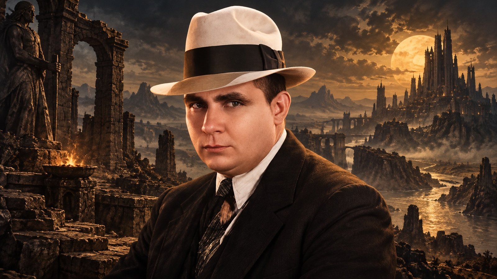 Retrato de Robert E. Howard em primeiro plano, com ruínas, uma fortaleza monumental e uma paisagem fantástica inspirada na Era Hiboriana ao fundo.