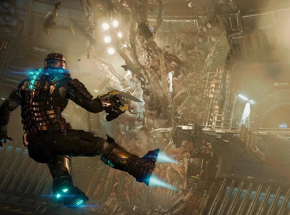 Isaac Clarke flutuando em um ambiente industrial danificado de Dead Space.