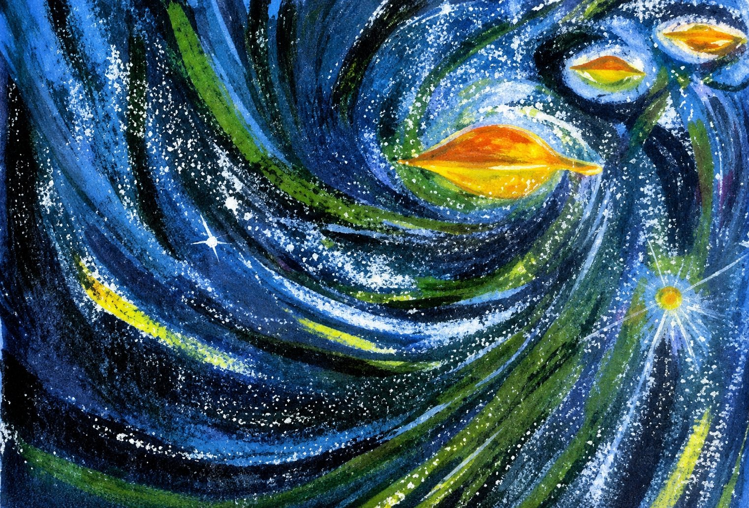 Detalhe da capa de Viajantes do Tempo, de Jerônymo Monteiro, com composição abstrata em tons de azul, verde e amarelo que remete ao espaço e ao movimento cósmico.