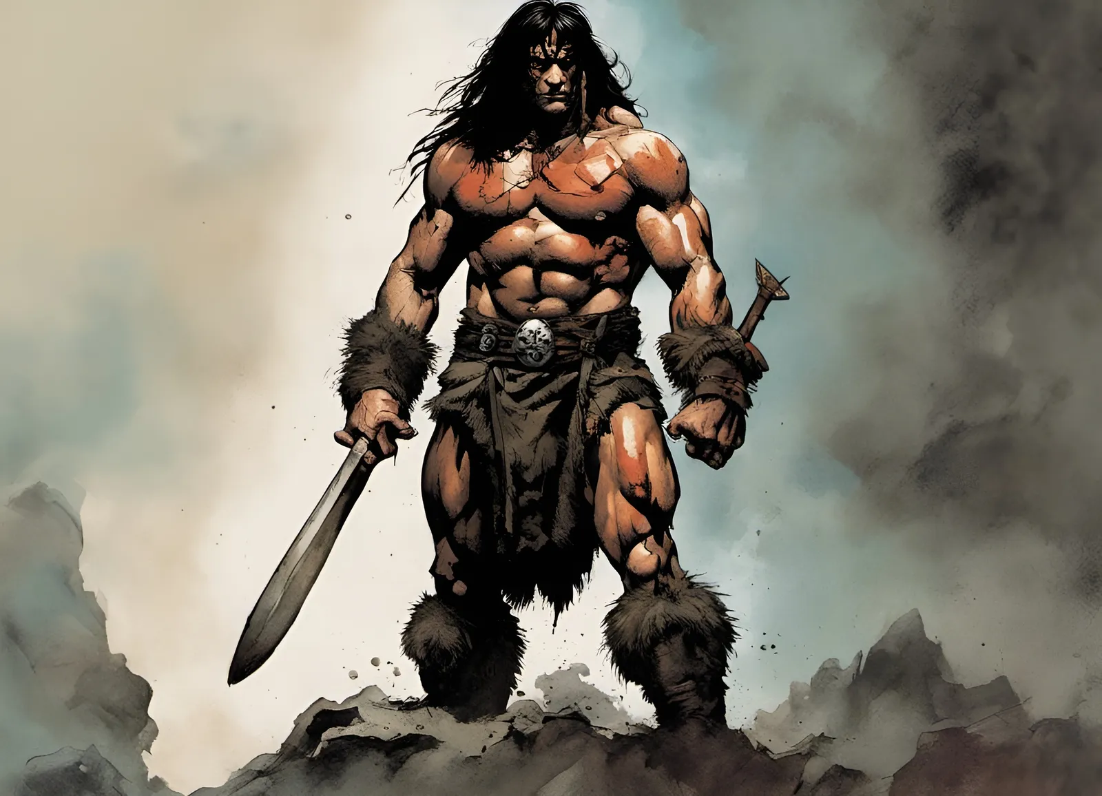 Conan, o Cimério, em pé sobre rochas com uma espada na mão, cabelos negros longos e vestes de guerreiro.
