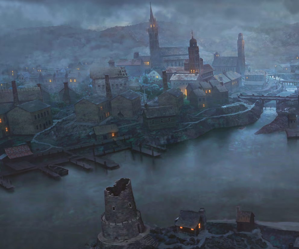 Cidade costeira de Innsmouth vista sob forte neblina, com construções antigas, torres e luzes acesas próximas à água, em ilustração de Richard Wright.