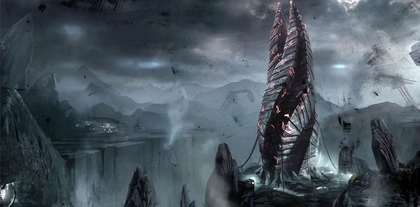 Marcador de Dead Space com inscrições vermelhas em uma paisagem devastada.