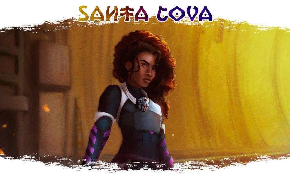 Personagem feminina negra de cabelos cacheados volumosos usando uma armadura futurista em tons escuros, diante de um fundo dourado e amarelo, com o título “Santa Cova” no topo.